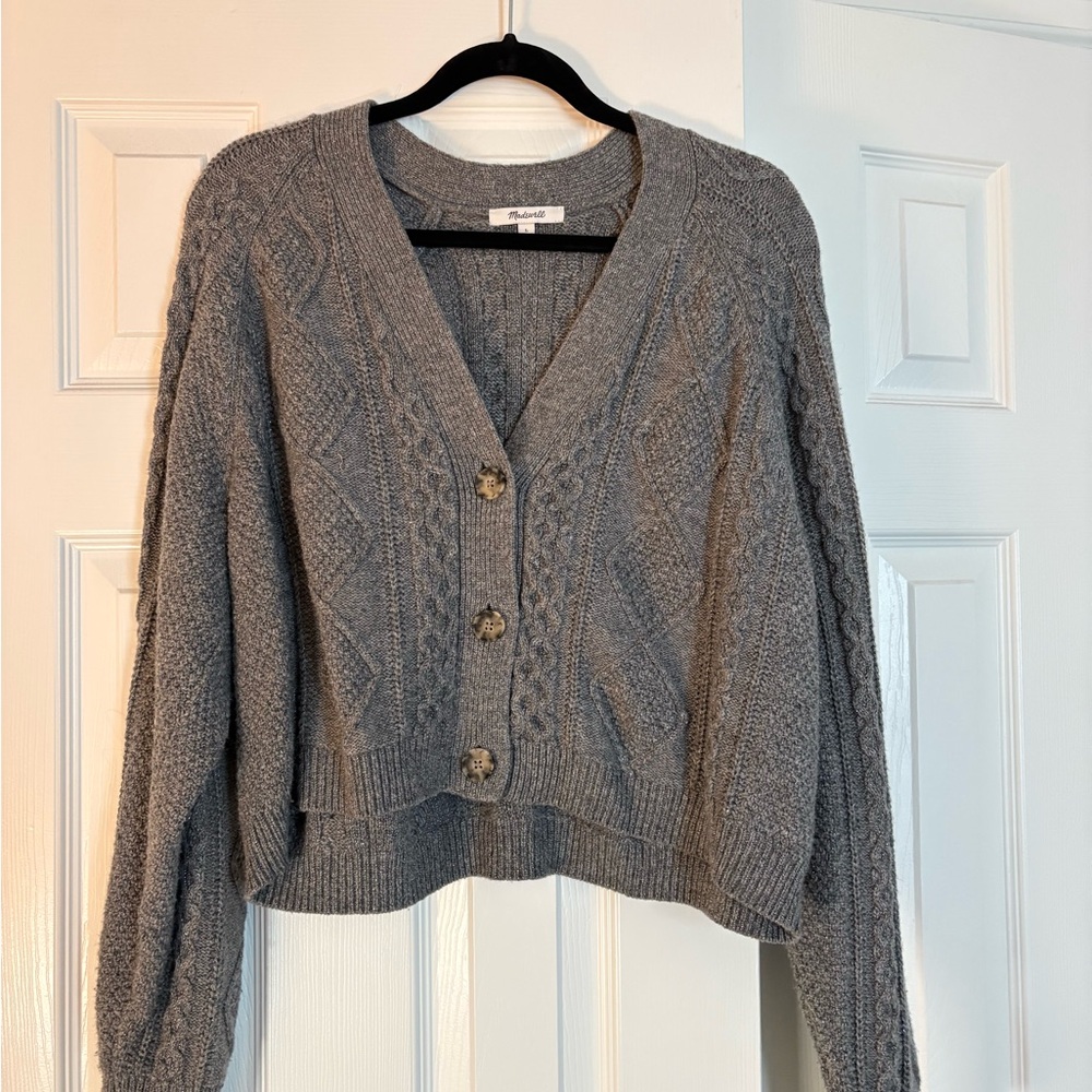 Madewell Gray Cable Knit Button Front Cardigan